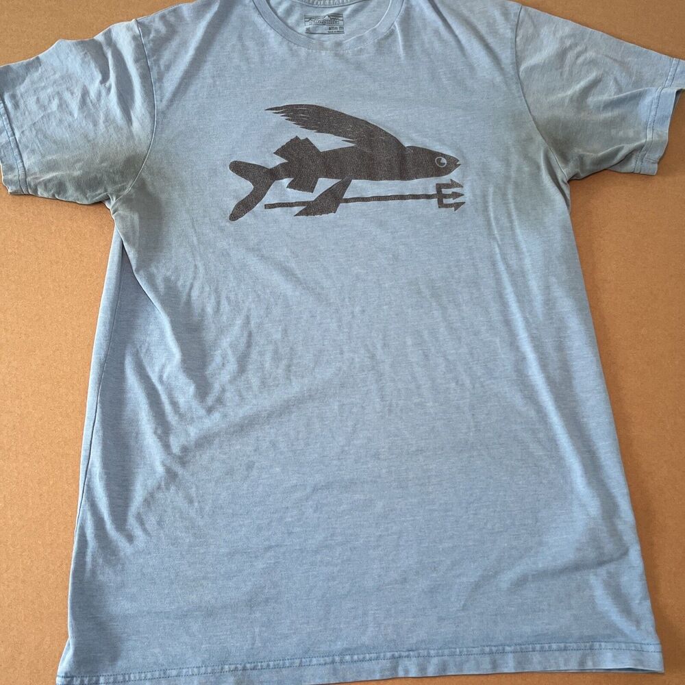 Patagonia T Shirt Blue Fly Fishing Trident Polyester Crew Mens Medium *Flaws*